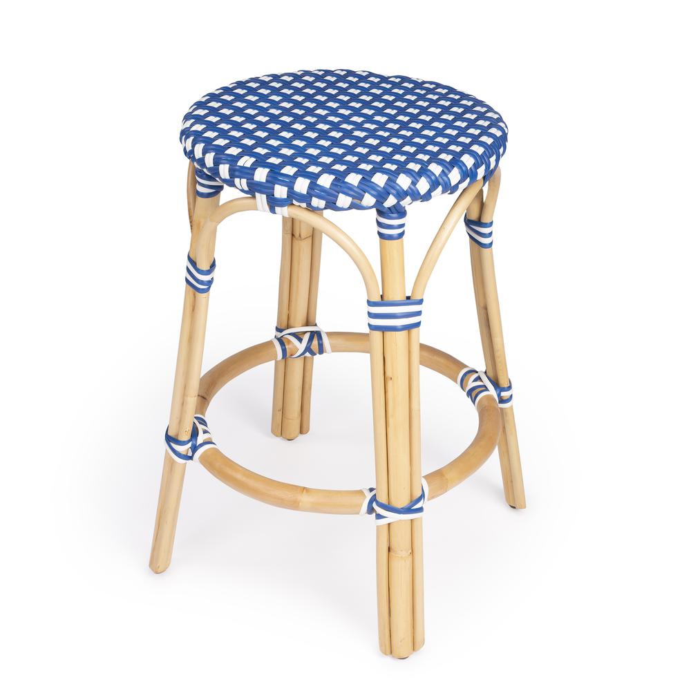Tobias Rattan Round 24" Counter Stool, Blue and White Dot. Picture 1