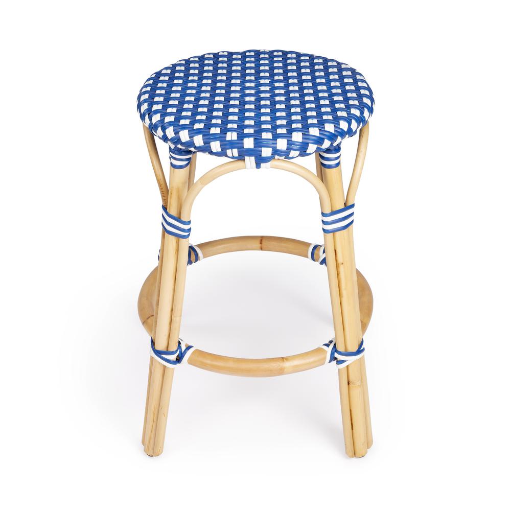 Tobias Rattan Round 24" Counter Stool, Blue and White Dot. Picture 2