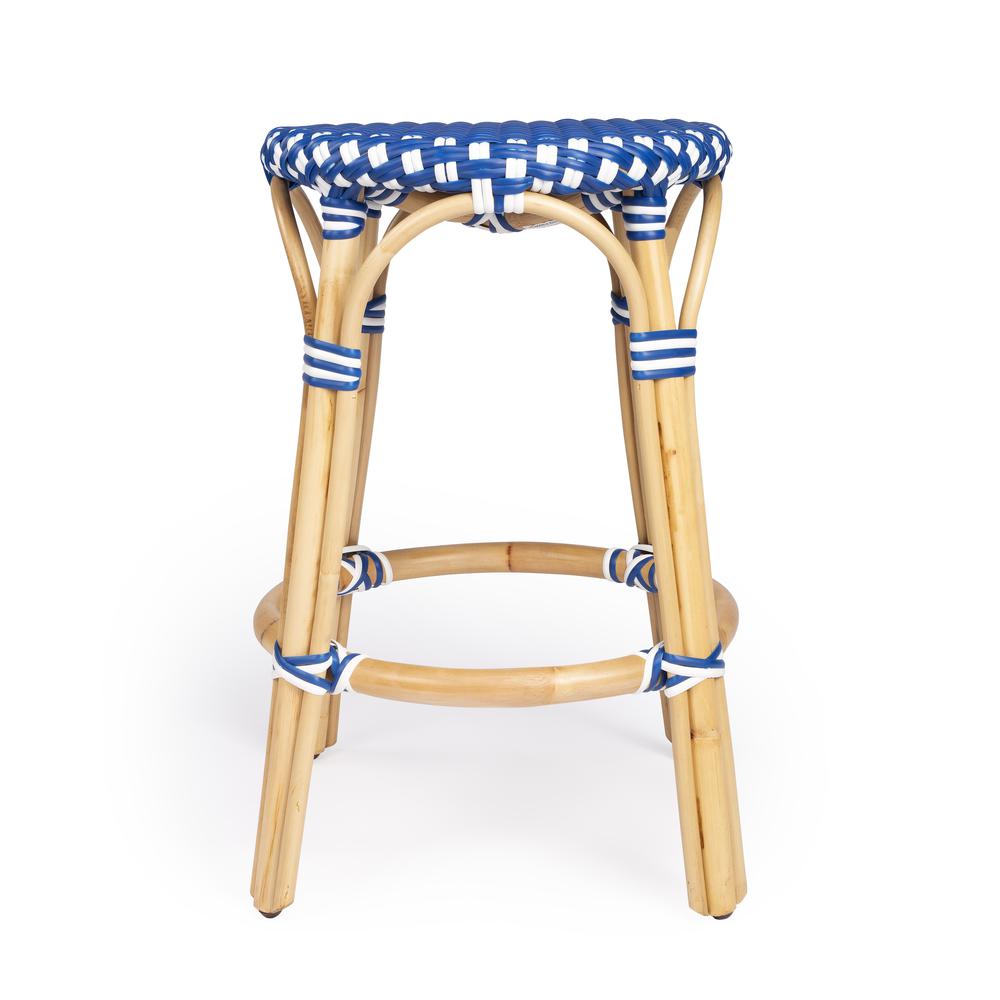 Tobias Rattan Round 24" Counter Stool, Blue and White Dot. Picture 3