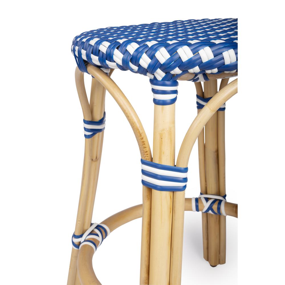 Tobias Rattan Round 24" Counter Stool, Blue and White Dot. Picture 4