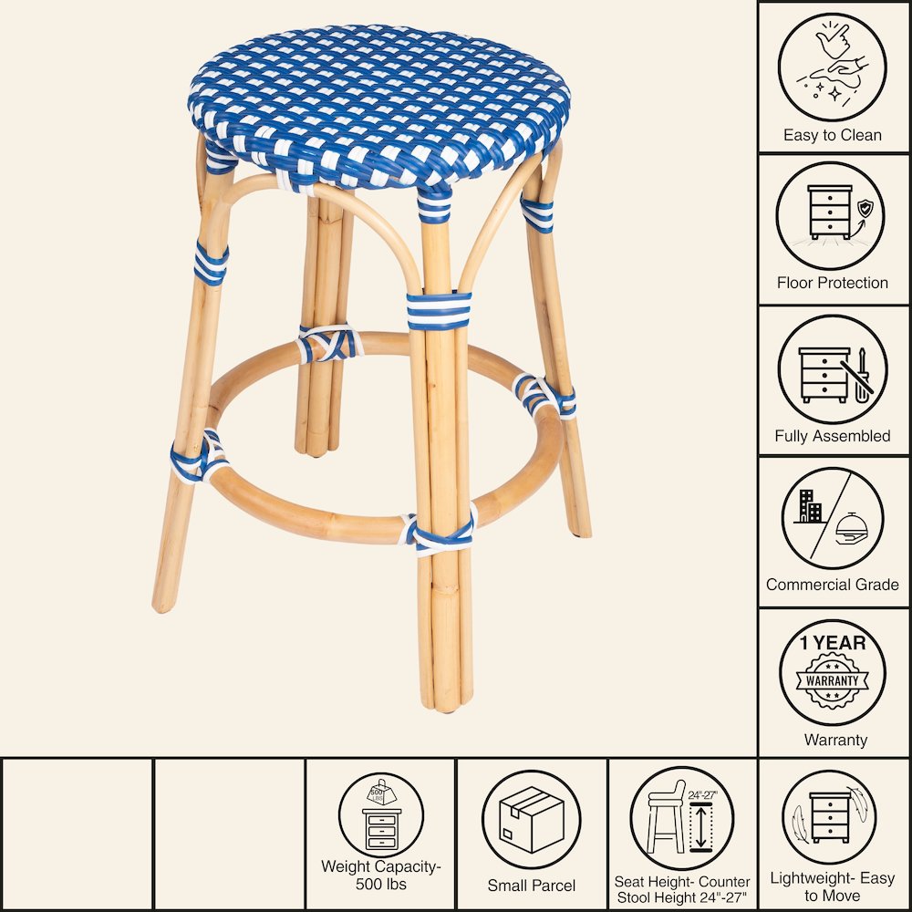 Tobias Rattan Round 24" Counter Stool, Blue and White Dot. Picture 8