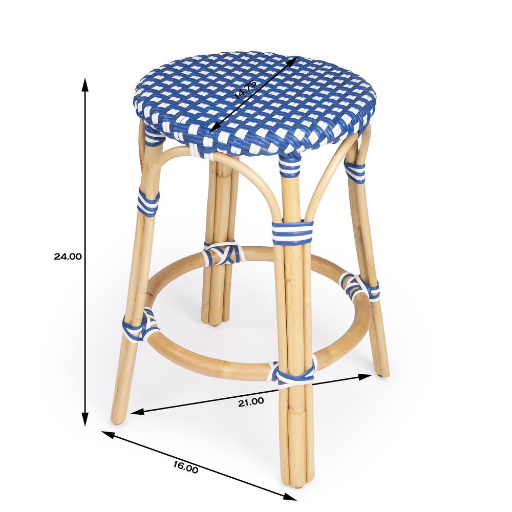 Tobias Rattan Round 24" Counter Stool, Blue and White Dot. Picture 6