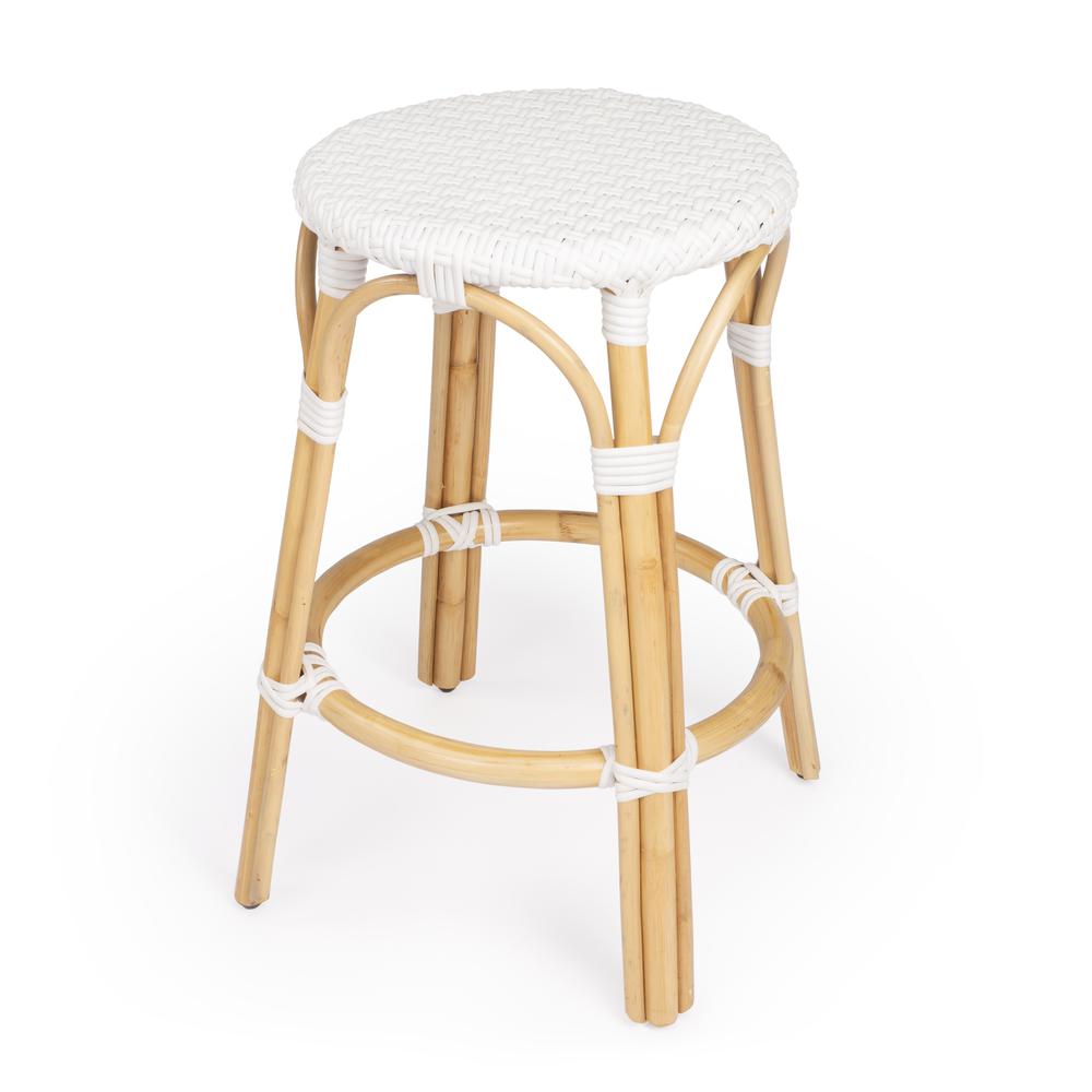 Tobias Rattan Round 24" Counter Stool, Glossy White. Picture 1