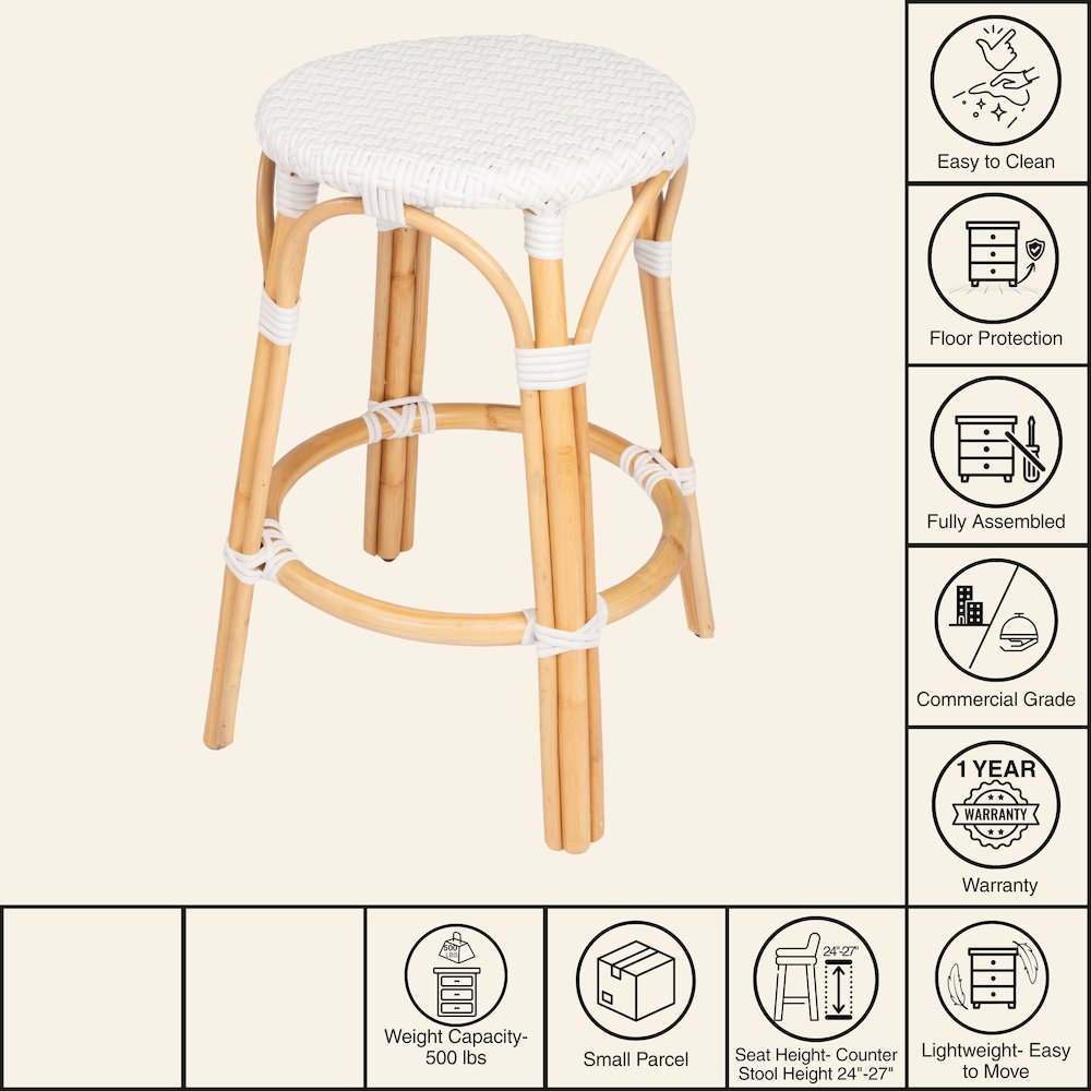 Tobias Rattan Round 24" Counter Stool, Glossy White. Picture 9