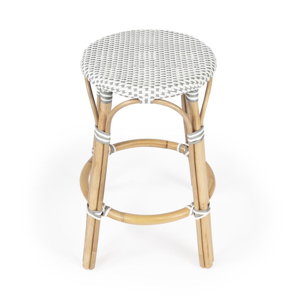 Tobias Rattan Round 24" Counter Stool, White and Gray Dot. Picture 2