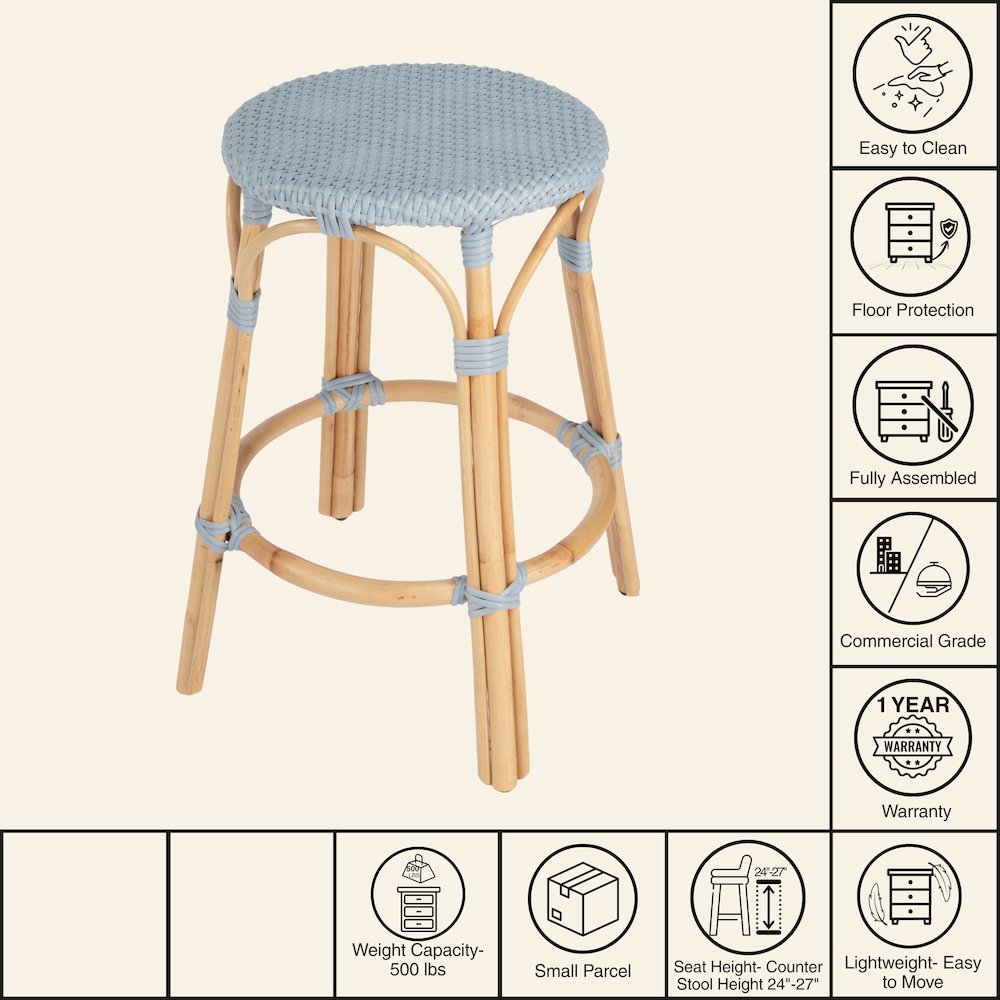 Tobias Rattan Round 24" Counter Stool, Baby Blue. Picture 9