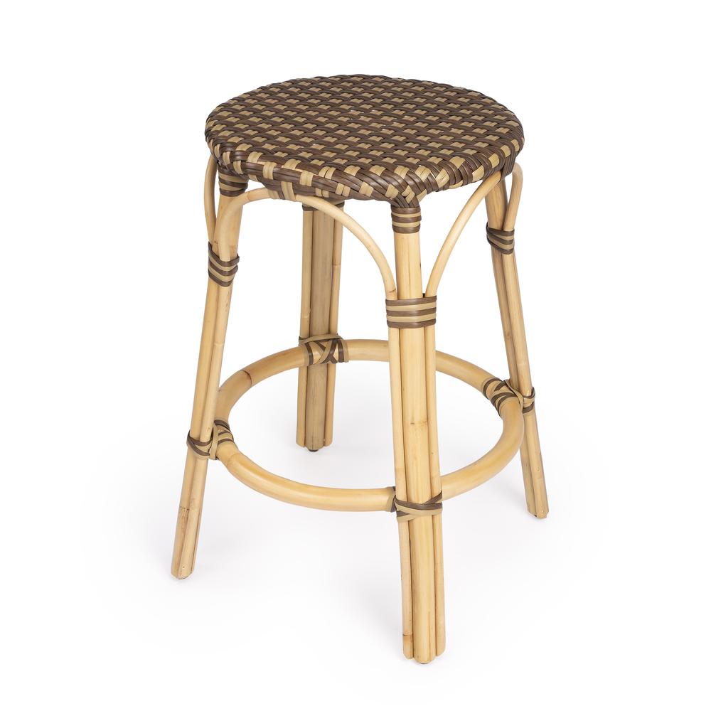 Tobias Rattan Round 24" Counter Stool, Brown and Tan Dot. Picture 1