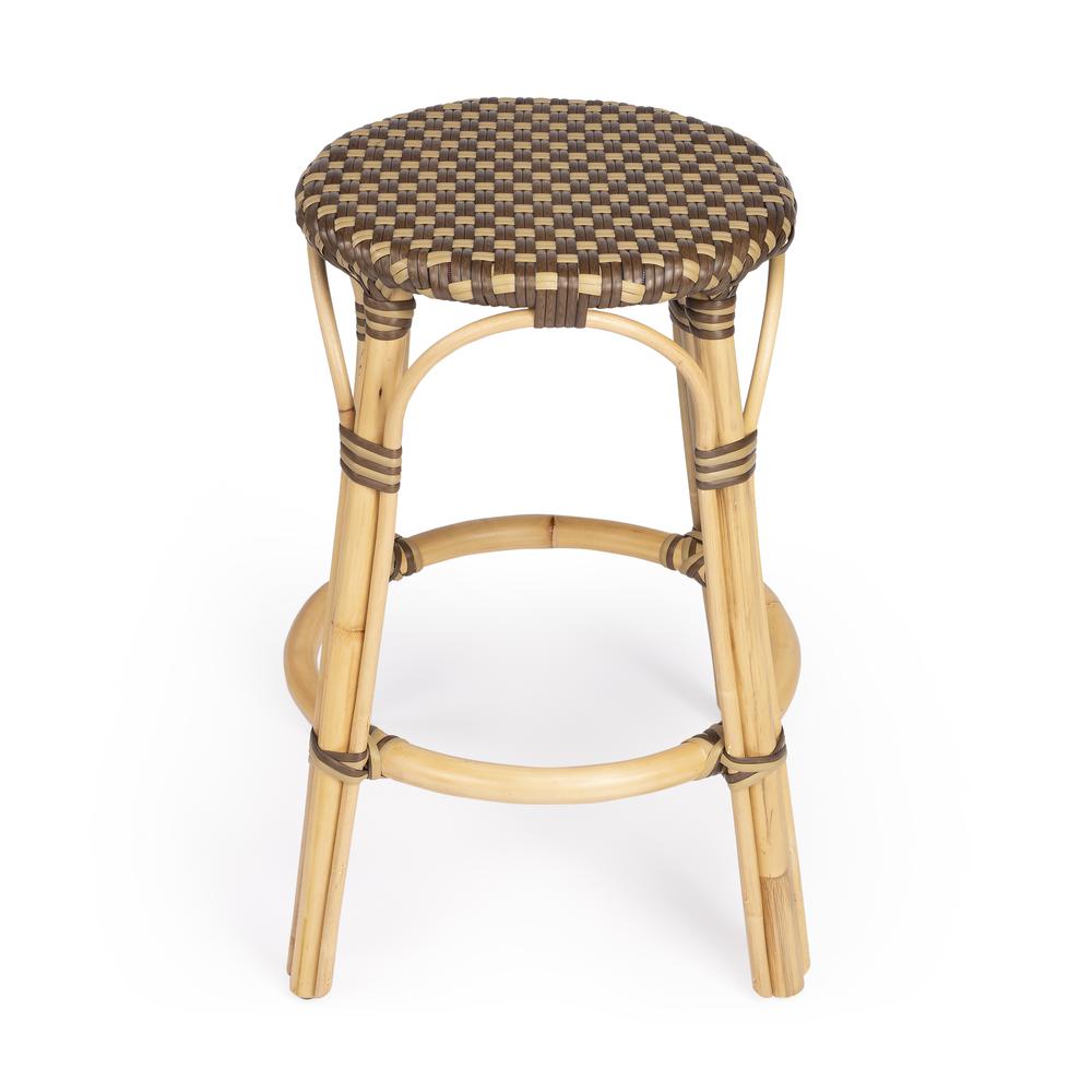 Tobias Rattan Round 24" Counter Stool, Brown and Tan Dot. Picture 3