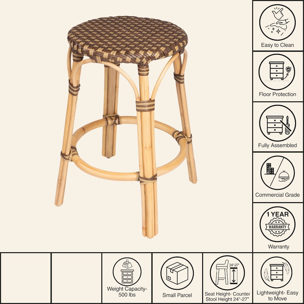 Tobias Rattan Round 24" Counter Stool, Brown and Tan Dot. Picture 8