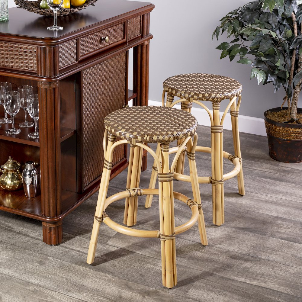Tobias Rattan Round 24" Counter Stool, Brown and Tan Dot. Picture 2