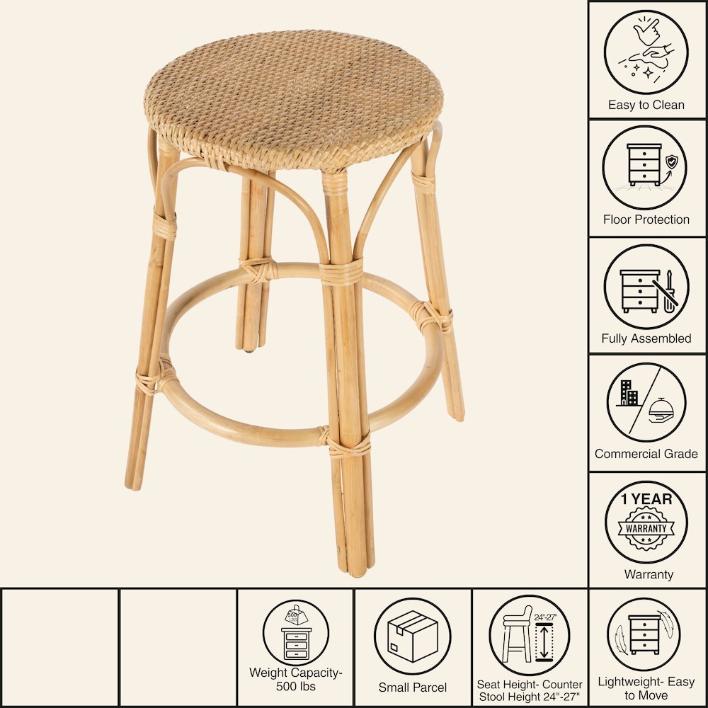 Tobias Rattan Round 24" Counter Stool, Natural. Picture 10