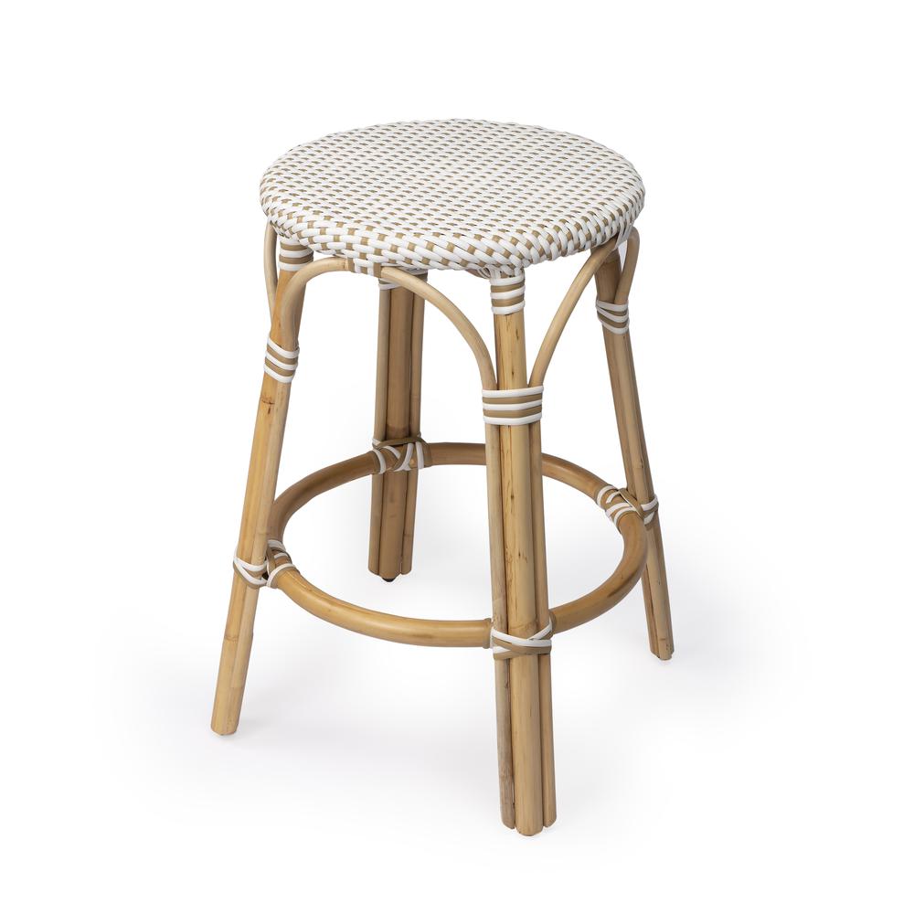 Tobias Rattan Round 24" Counter Stool, White and Tan Dot. Picture 1