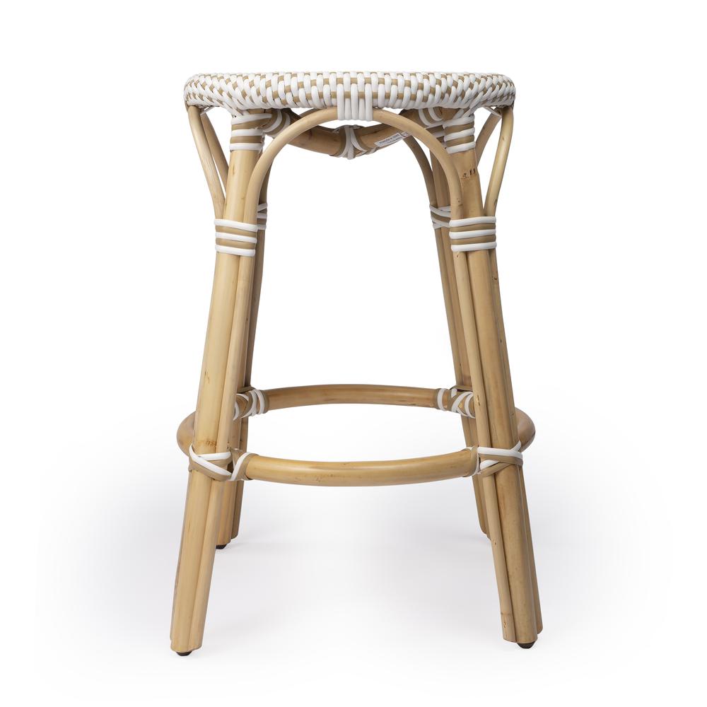Tobias Rattan Round 24" Counter Stool, White and Tan Dot. Picture 3