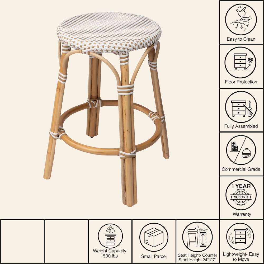 Tobias Rattan Round 24" Counter Stool, White and Tan Dot. Picture 10
