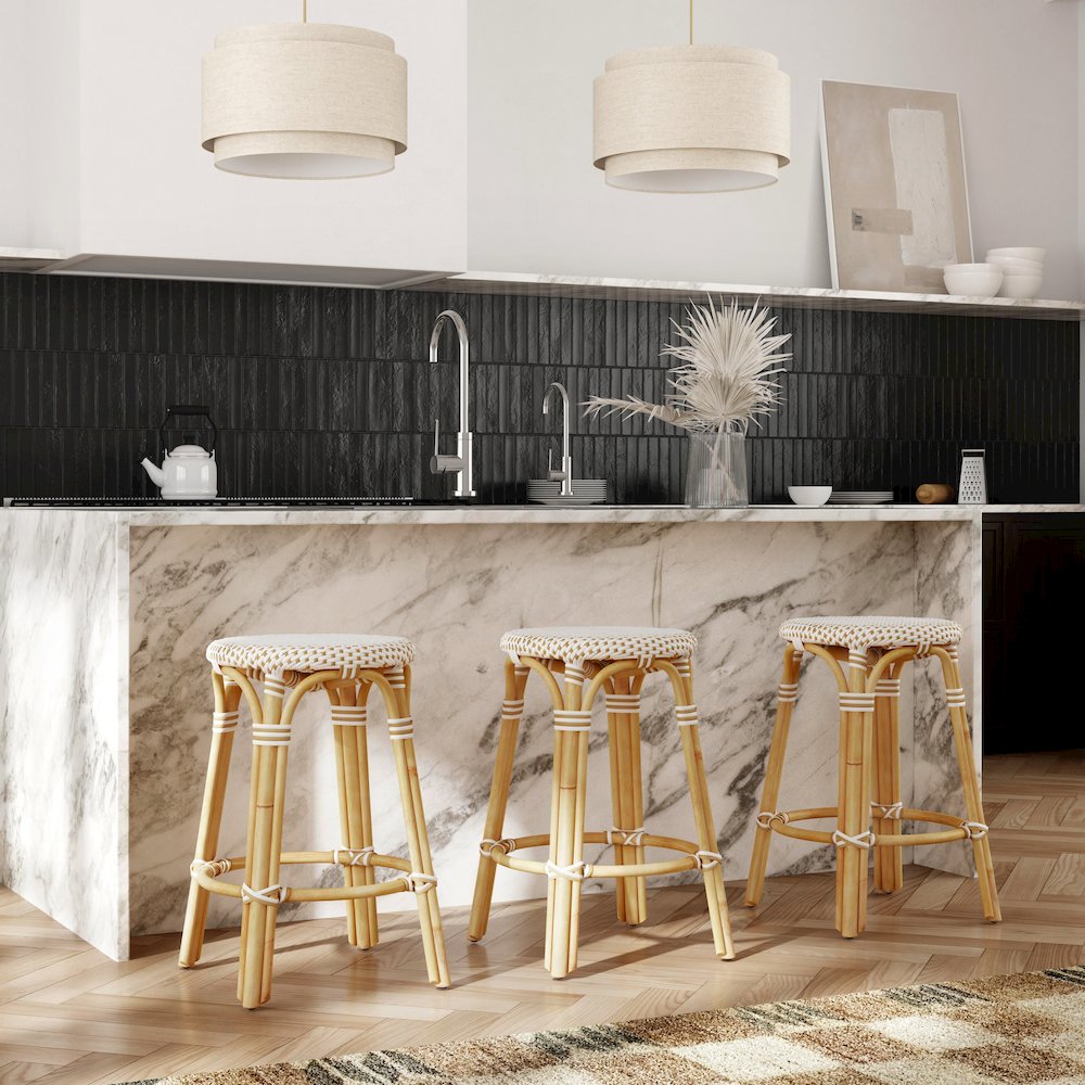 Tobias Rattan Round 24" Counter Stool, White and Tan Dot. Picture 9