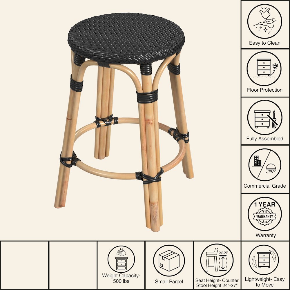 Tobias Rattan Round 24" Counter Stool, Black. Picture 7