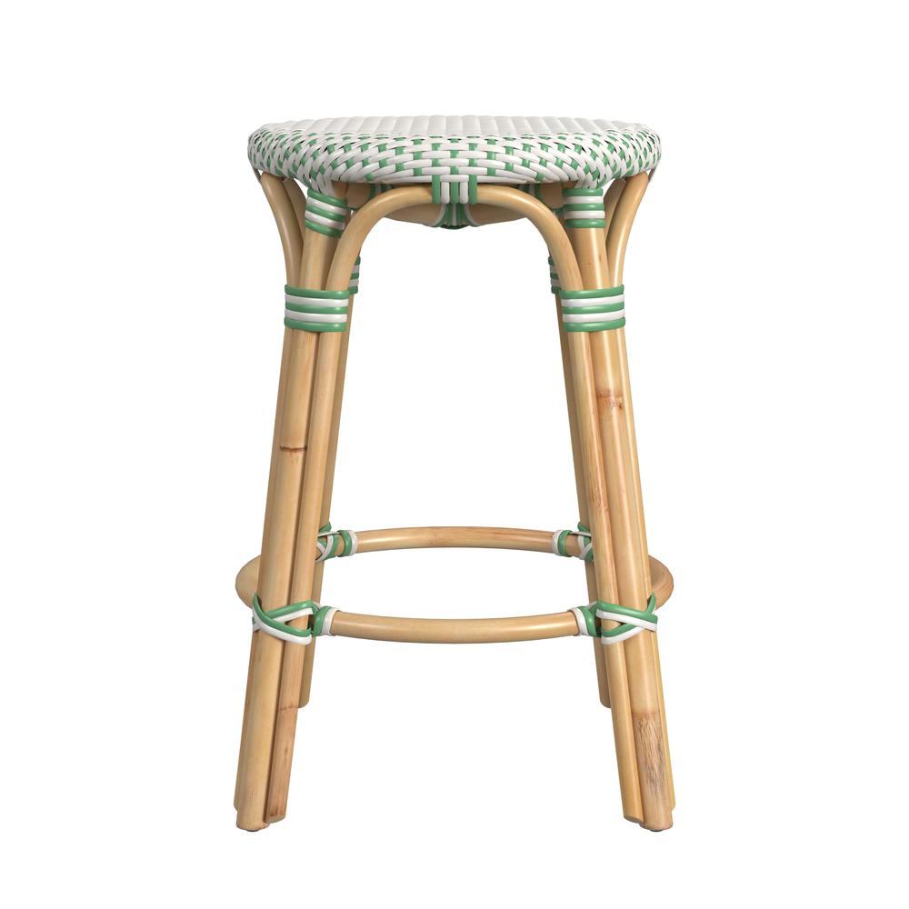 Tobias Rattan Round 24" Counter Stool, White and Green Dot. Picture 2