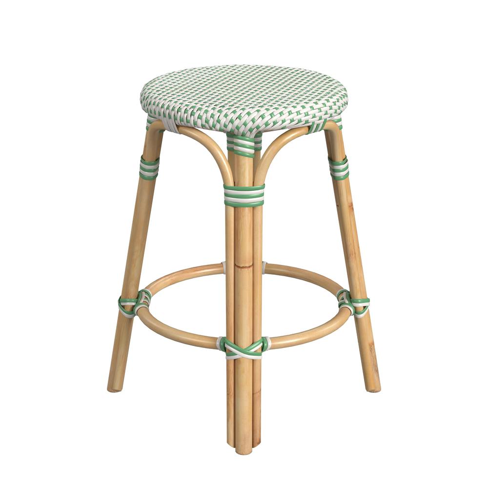 Tobias Rattan Round 24" Counter Stool, White and Green Dot. Picture 3