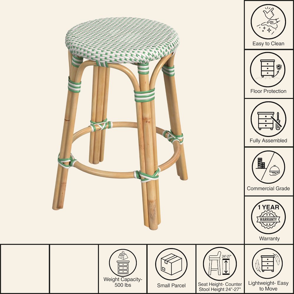Tobias Rattan Round 24" Counter Stool, White and Green Dot. Picture 7