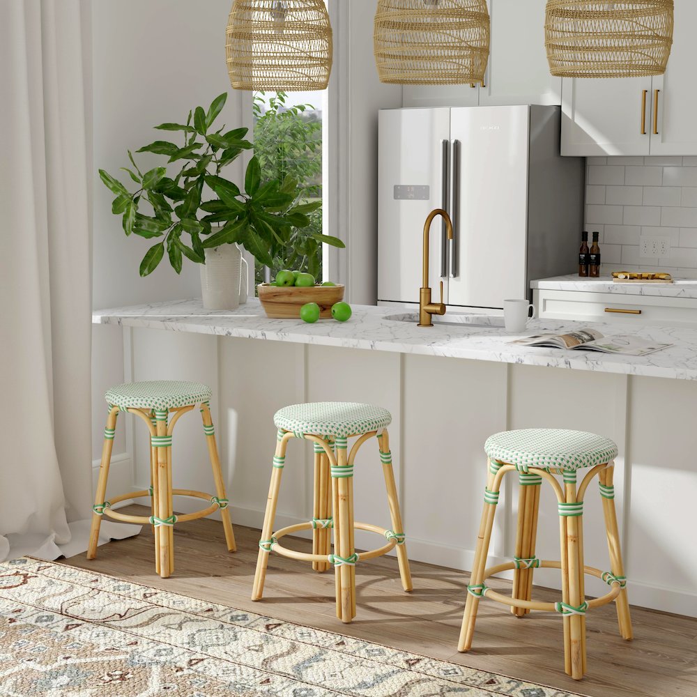 Tobias Rattan Round 24" Counter Stool, White and Green Dot. Picture 6