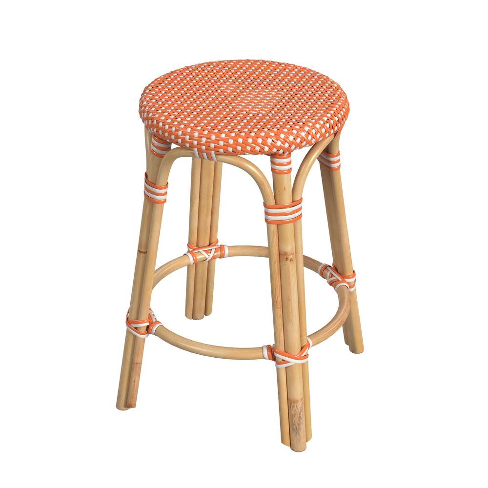 Tobias Rattan Round 24" Counter Stool, Orange and White Dot. Picture 1