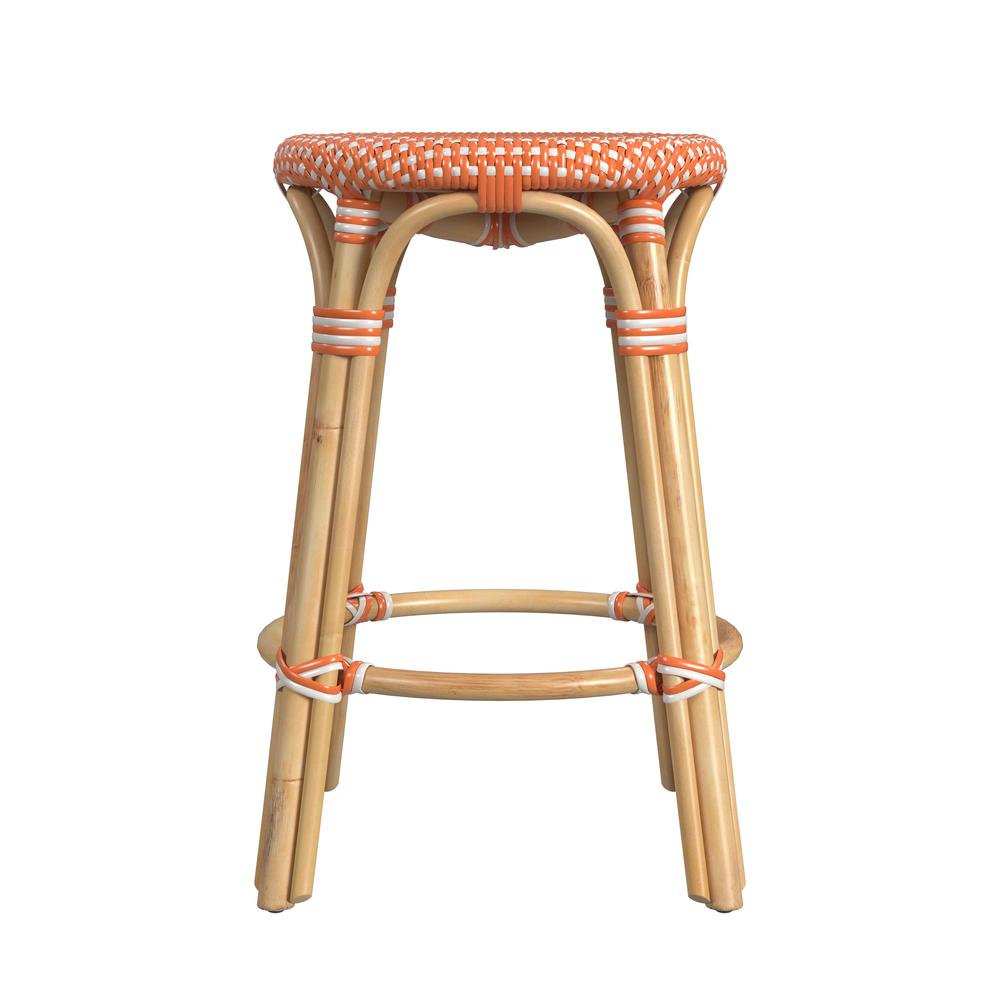 Tobias Rattan Round 24" Counter Stool, Orange and White Dot. Picture 4