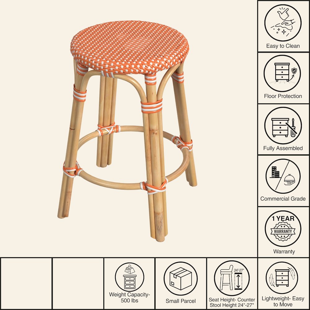 Tobias Rattan Round 24" Counter Stool, Orange and White Dot. Picture 7