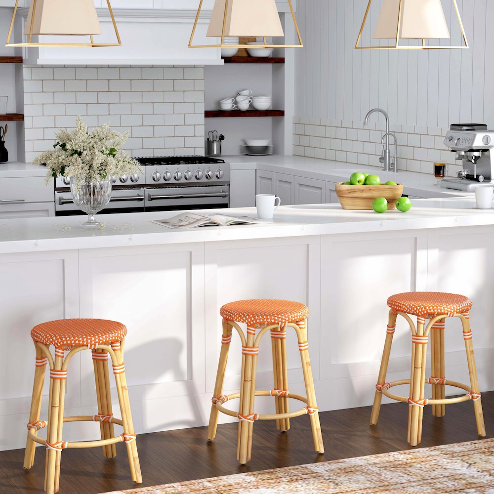 Tobias Rattan Round 24" Counter Stool, Orange and White Dot. Picture 2