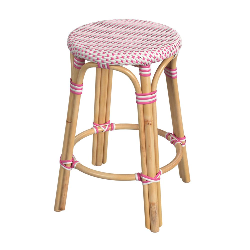 Tobias Rattan Round 24" Counter Stool, White and Pink Dot. Picture 1