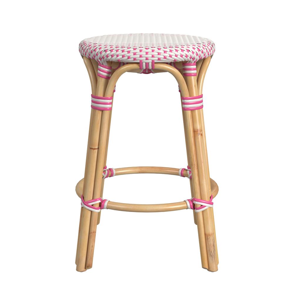 Tobias Rattan Round 24" Counter Stool, White and Pink Dot. Picture 2