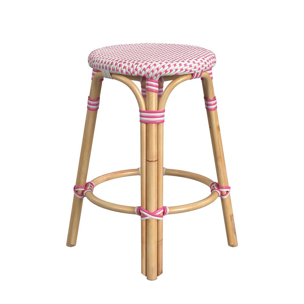 Tobias Rattan Round 24" Counter Stool, White and Pink Dot. Picture 3