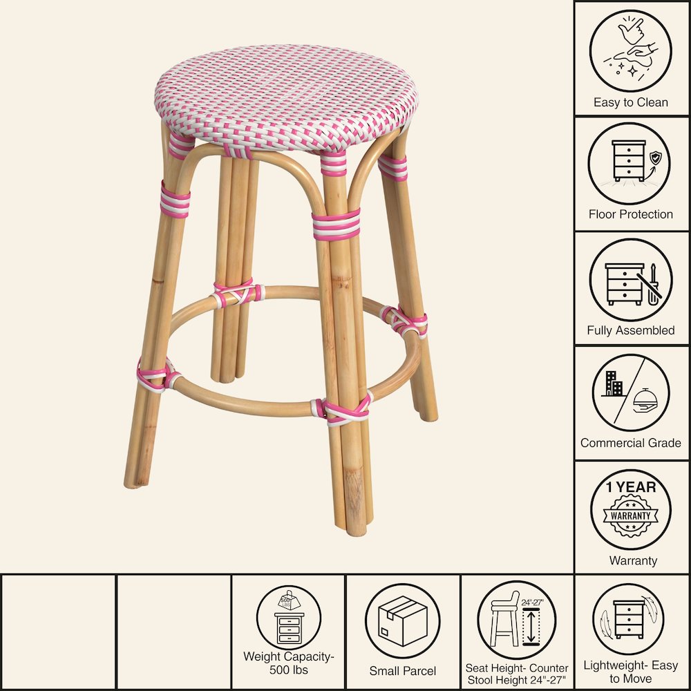 Tobias Rattan Round 24" Counter Stool, White and Pink Dot. Picture 7
