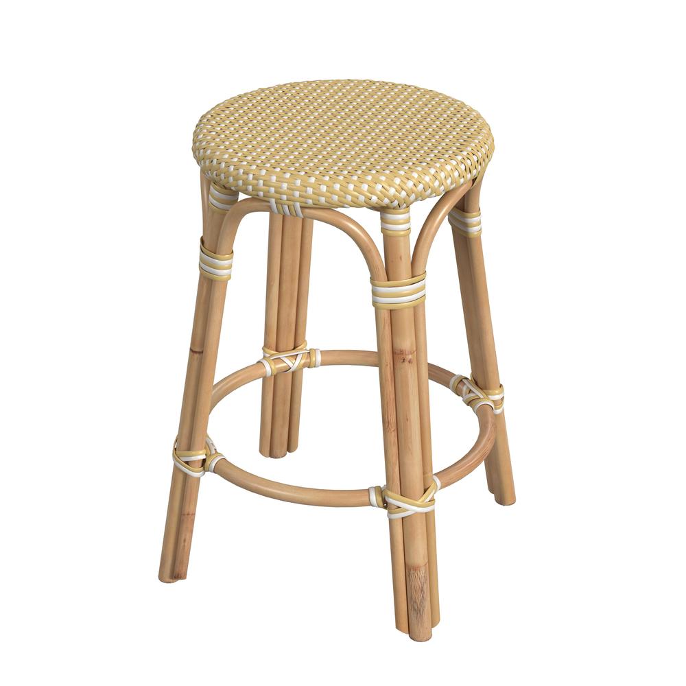 Tobias Rattan Round 24" Counter Stool, Yellow and White Dot. Picture 1
