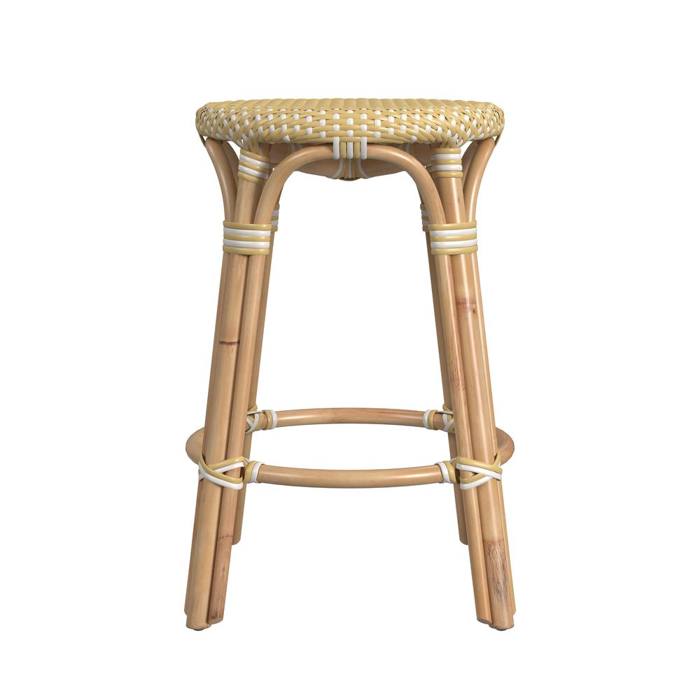 Tobias Rattan Round 24" Counter Stool, Yellow and White Dot. Picture 3
