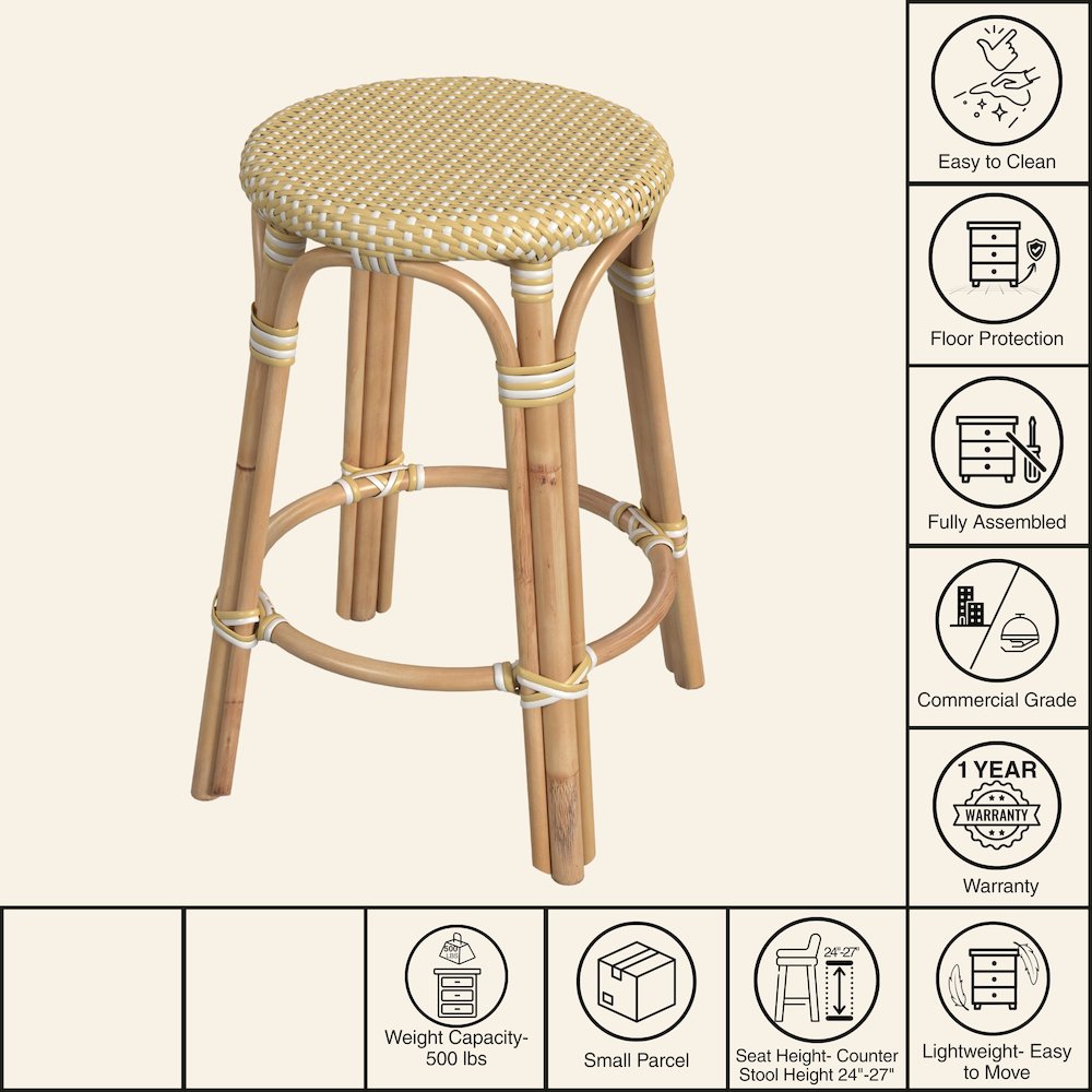 Tobias Rattan Round 24" Counter Stool, Yellow and White Dot. Picture 7
