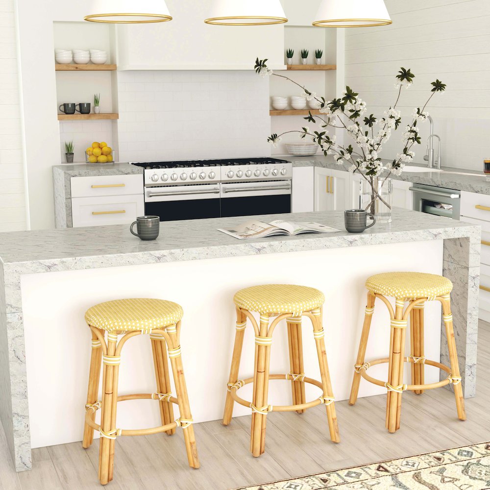 Tobias Rattan Round 24" Counter Stool, Yellow and White Dot. Picture 2