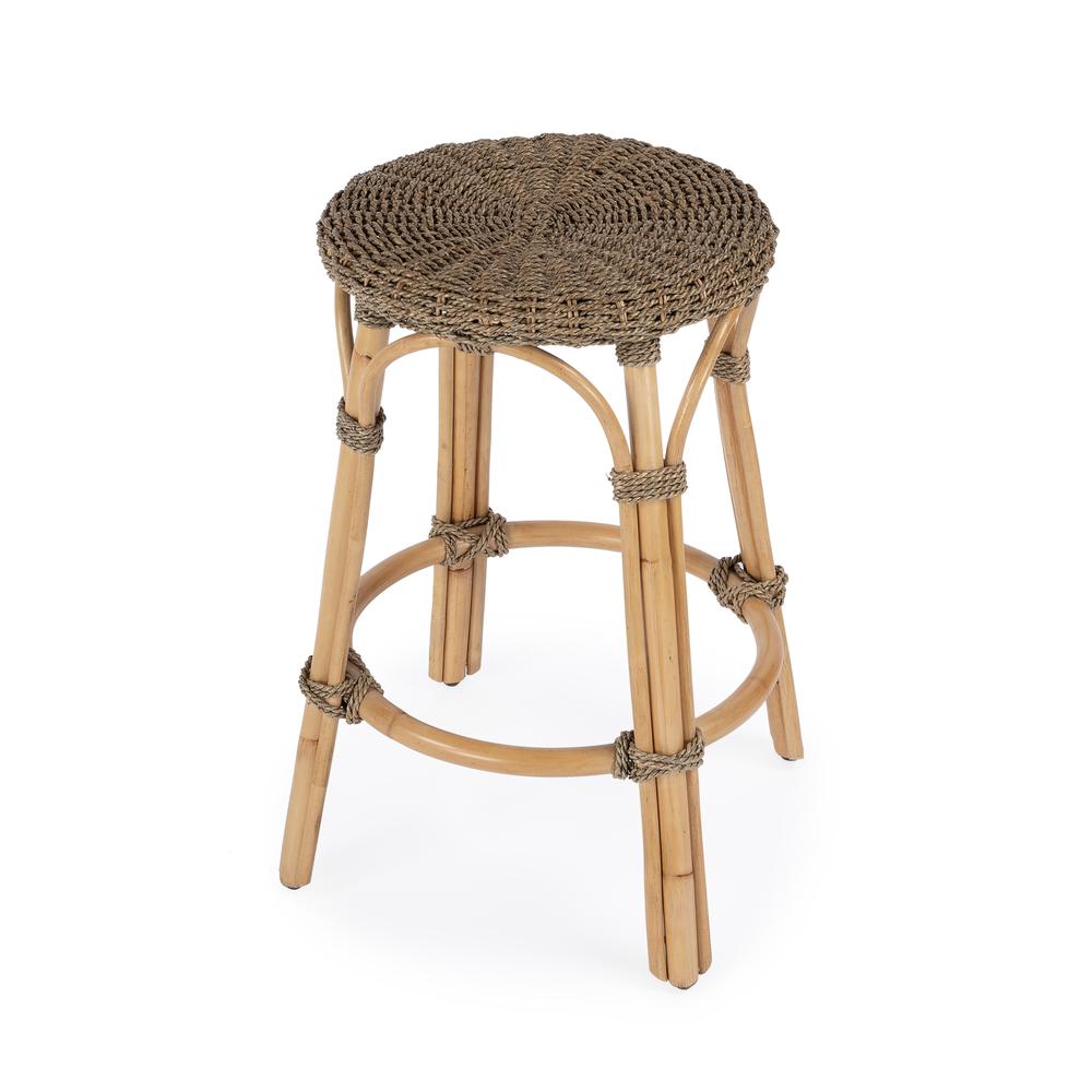 Tobias Rattan Round 24" Counter Stool, Light Brown. Picture 1