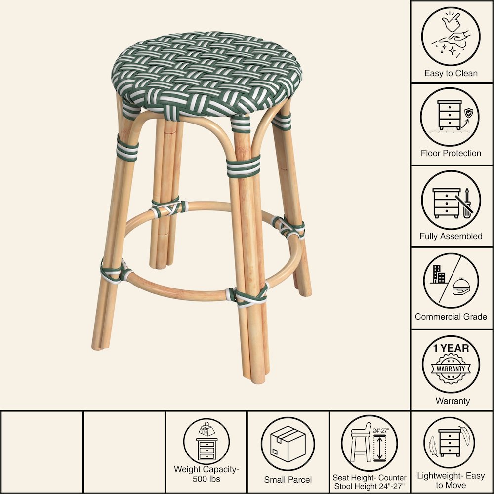 Tobias Rattan Round 24" Counter Stool, Green. Picture 7