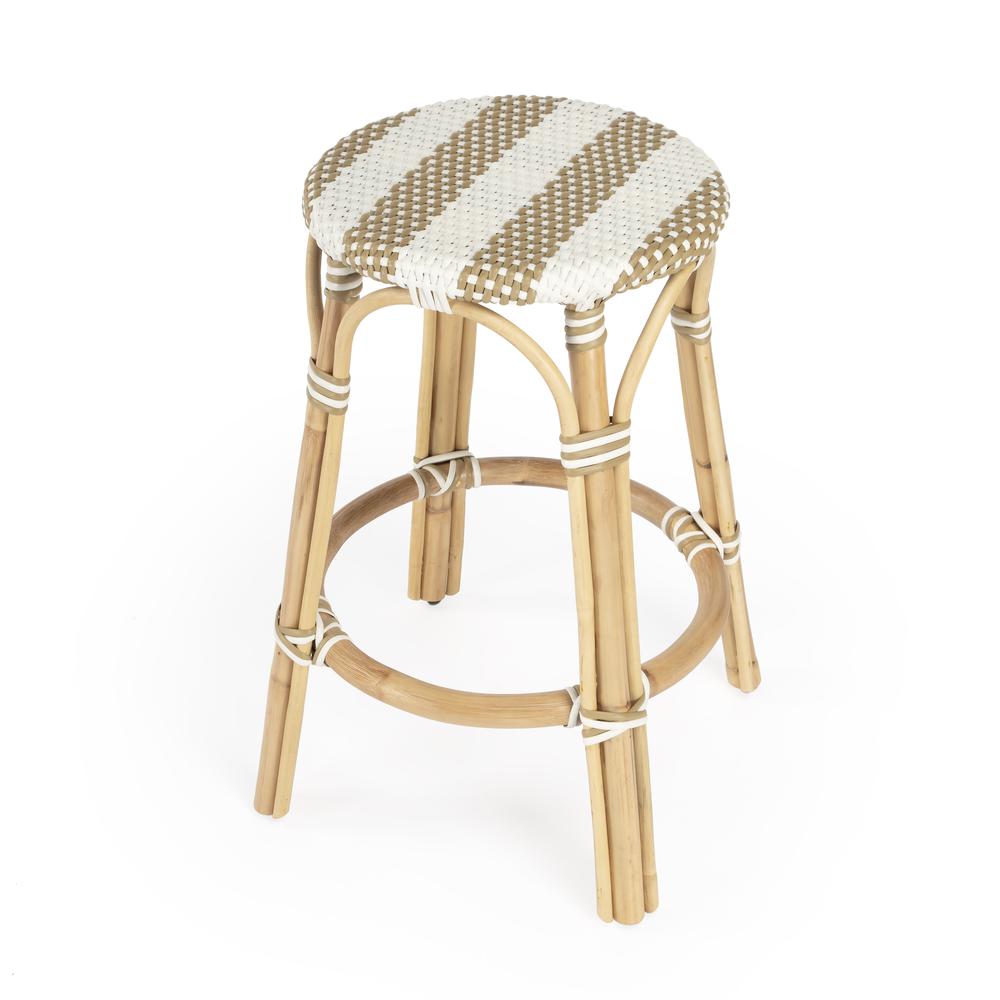 Tobias Rattan Round 24" Counter Stool, Tan and White Stripe. Picture 1