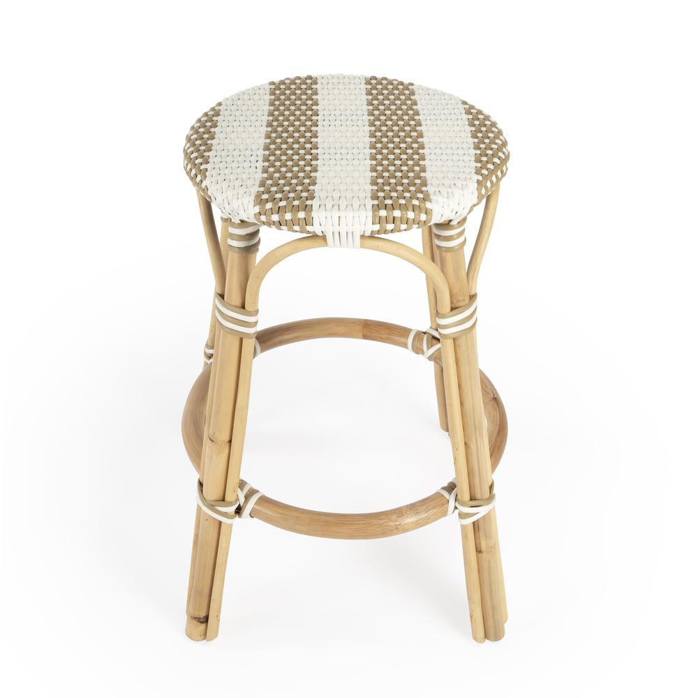 Tobias Rattan Round 24" Counter Stool, Tan and White Stripe. Picture 2