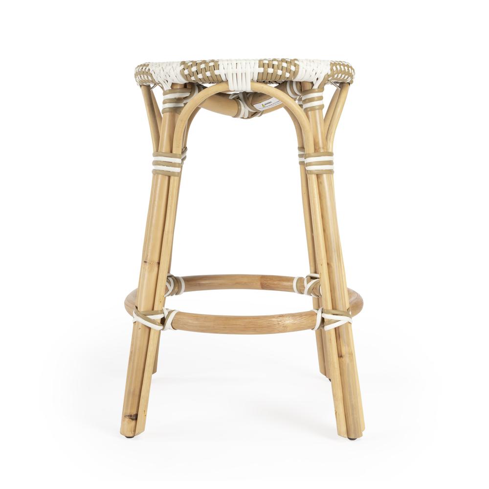 Tobias Rattan Round 24" Counter Stool, Tan and White Stripe. Picture 3
