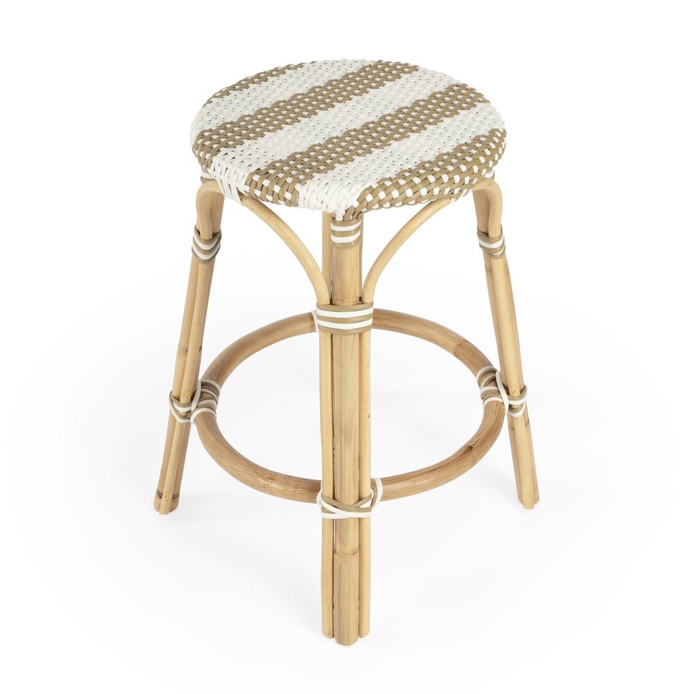 Tobias Rattan Round 24" Counter Stool, Tan and White Stripe. Picture 4