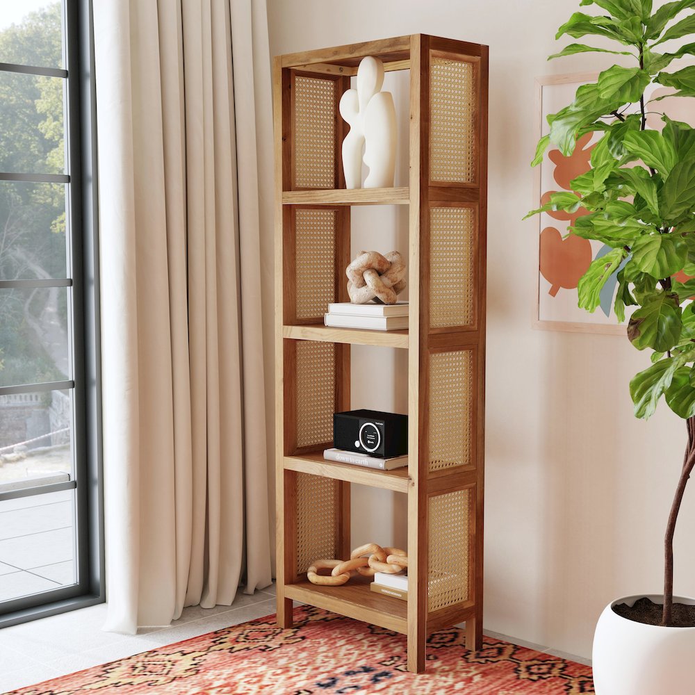 Mesa Cane and Solid Wood 4- Tier Etagere Bookcase, Natural. Picture 6