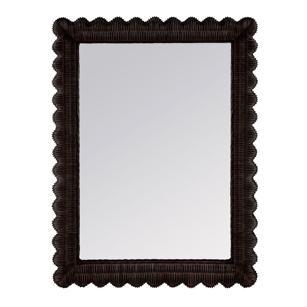 Flora 30 in. W x 40 in. H Rectangular Rattan Scalloped Edge Wall Mirror, Brown. Picture 1