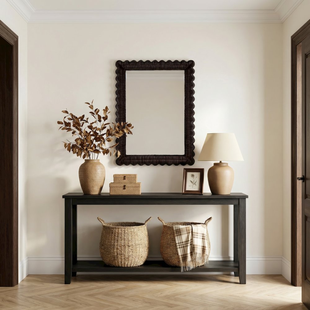 Flora 30 in. W x 40 in. H Rectangular Rattan Scalloped Edge Wall Mirror, Brown. Picture 2