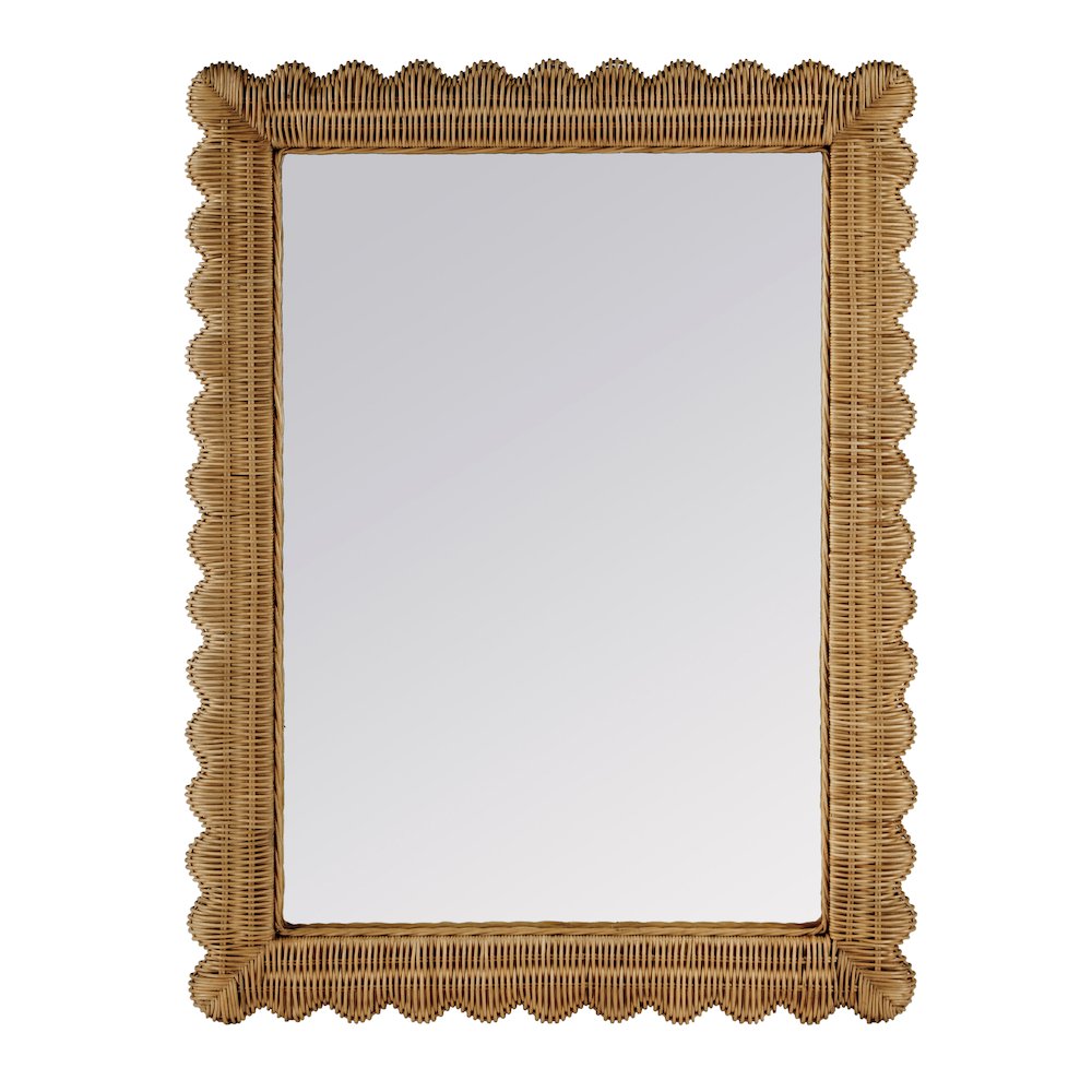 Flora 30 in. W x 40 in. H Rectangular Rattan Scalloped Edge Wall Mirror, Brown. Picture 1