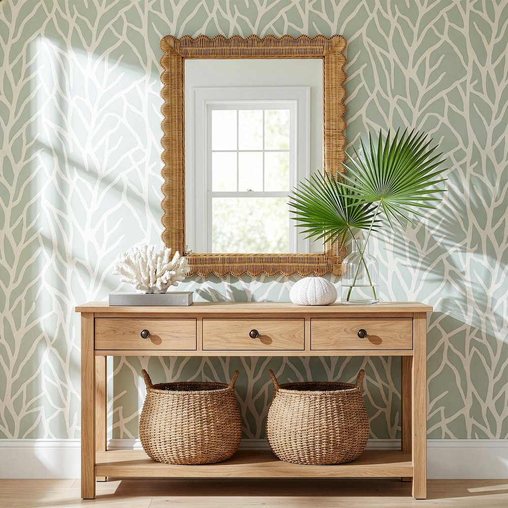 Flora 30 in. W x 40 in. H Rectangular Rattan Scalloped Edge Wall Mirror, Brown. Picture 2