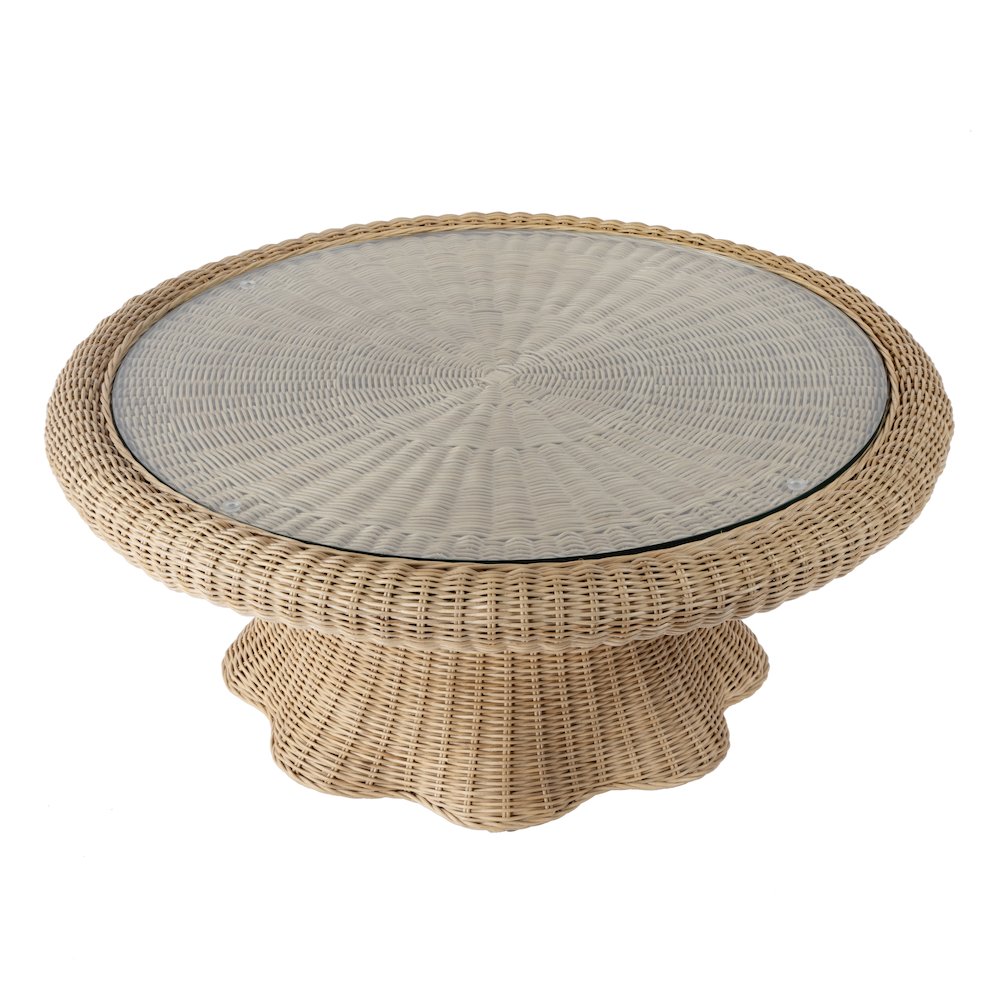 Flora  Rattan Scalloped 40" Coffee Table, Light Brown. Picture 1