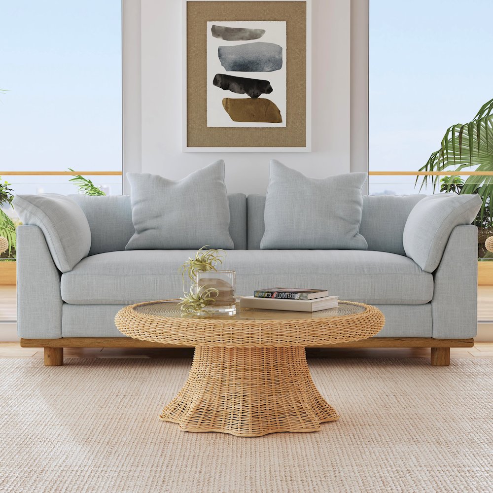 Flora  Rattan Scalloped 40" Coffee Table, Light Brown. Picture 4