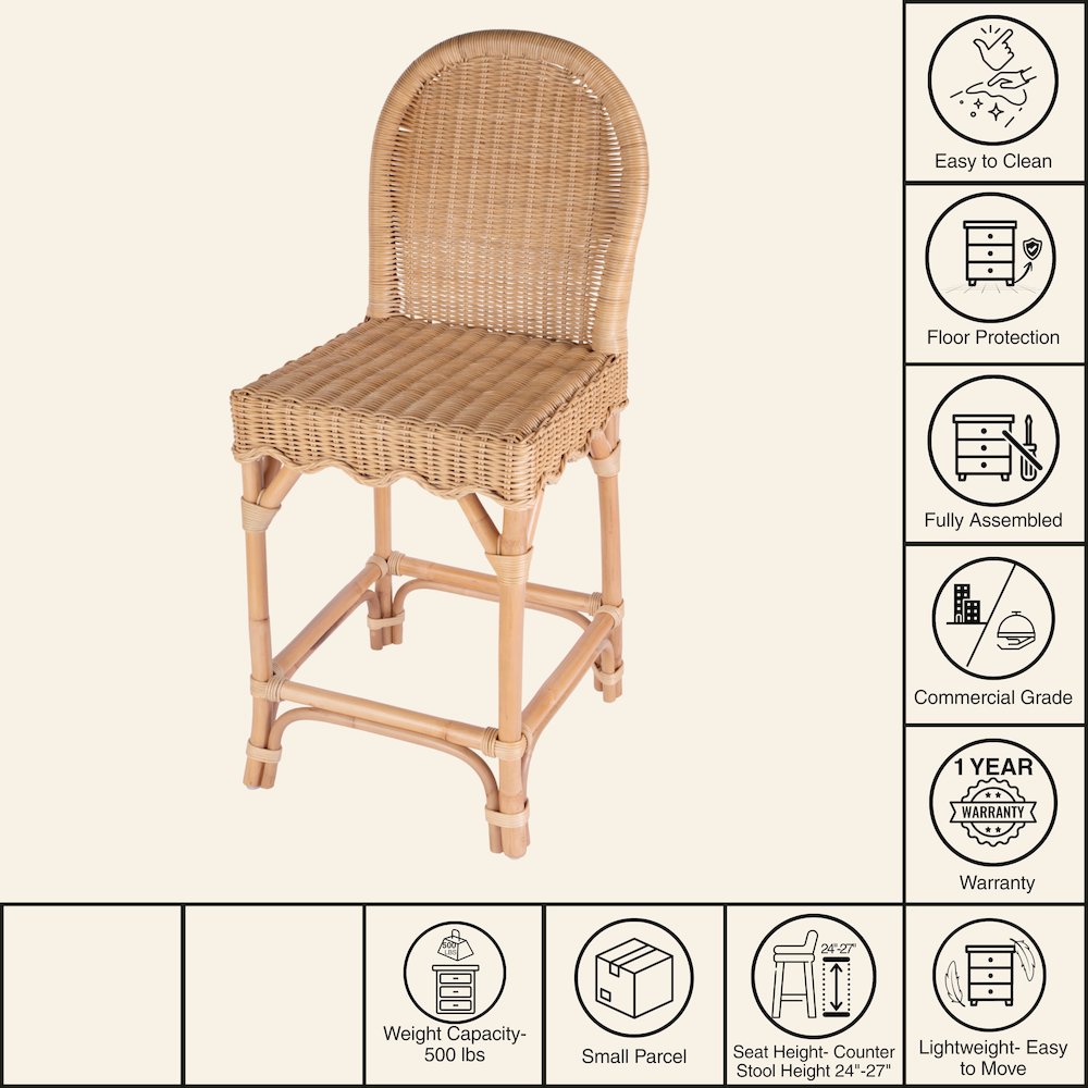 Flora Rattan 24" Scalloped Edge Counter Stool, Light Brown. Picture 8